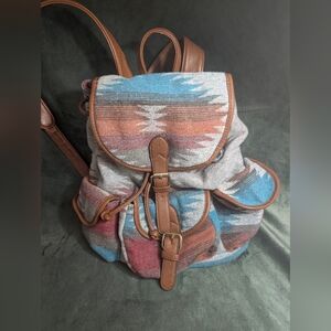Unbranded Aztec Multicolor Fabric Weave & Faux Leather Accents Backpack